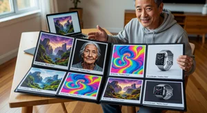 A non-artist displaying a portfolio of AI-generated images they created, showing a diverse range of styles and subjects including landscapes, portraits, abstract art, and product concepts, representing the full creative range accessible to beginners