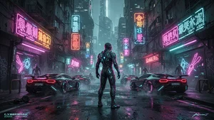 Futuristic vehicle with neon underglow racing through a cyberpunk city street with holographic advertisements
