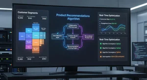 AI personalization engine interface showing customer segments, product recommendation algorithms, and real-time optimization