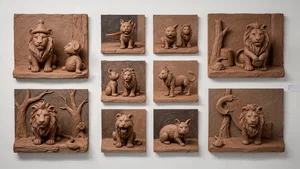 Collection of photos transformed with clay sculpture effect including portraits, objects, and scenes showing the artistic style