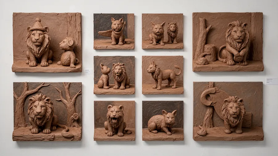 Collection of photos transformed with clay sculpture effect including portraits, objects, and scenes showing the artistic style