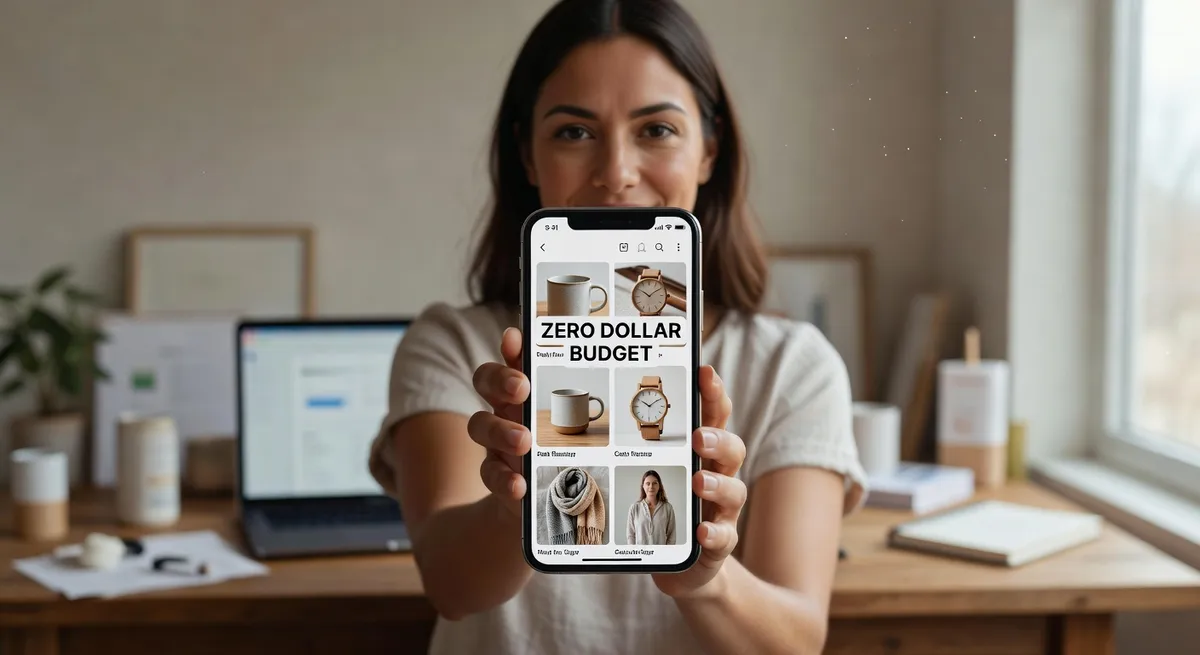 A solopreneur entrepreneur holding up a phone showing their complete ecommerce product listings with professional photos, alongside a zero dollar budget label, representing the financial freedom that free AI photography tools provide for early-stage product businesses