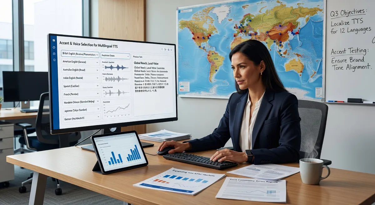 International brand manager selecting accent options in text-to-speech tool for multilingual content, professional global marketing workspace
