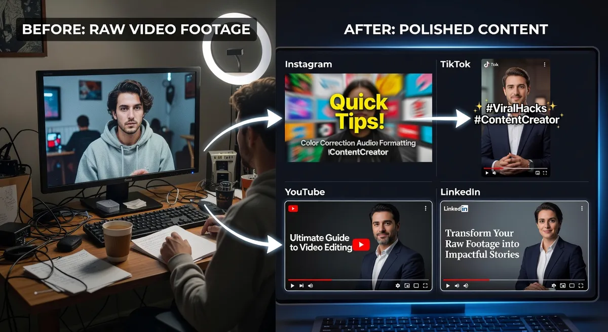 Comparison view showing monthly content output with traditional manual posting versus AI-powered multi-platform repurposing workflow, demonstrating significant reach multiplication