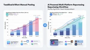 Comparison view showing monthly content output with traditional manual posting versus AI-powered multi-platform repurposing workflow, demonstrating significant reach multiplication