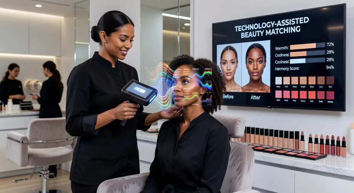 Makeup artist using digital color analysis technology on client in modern salon