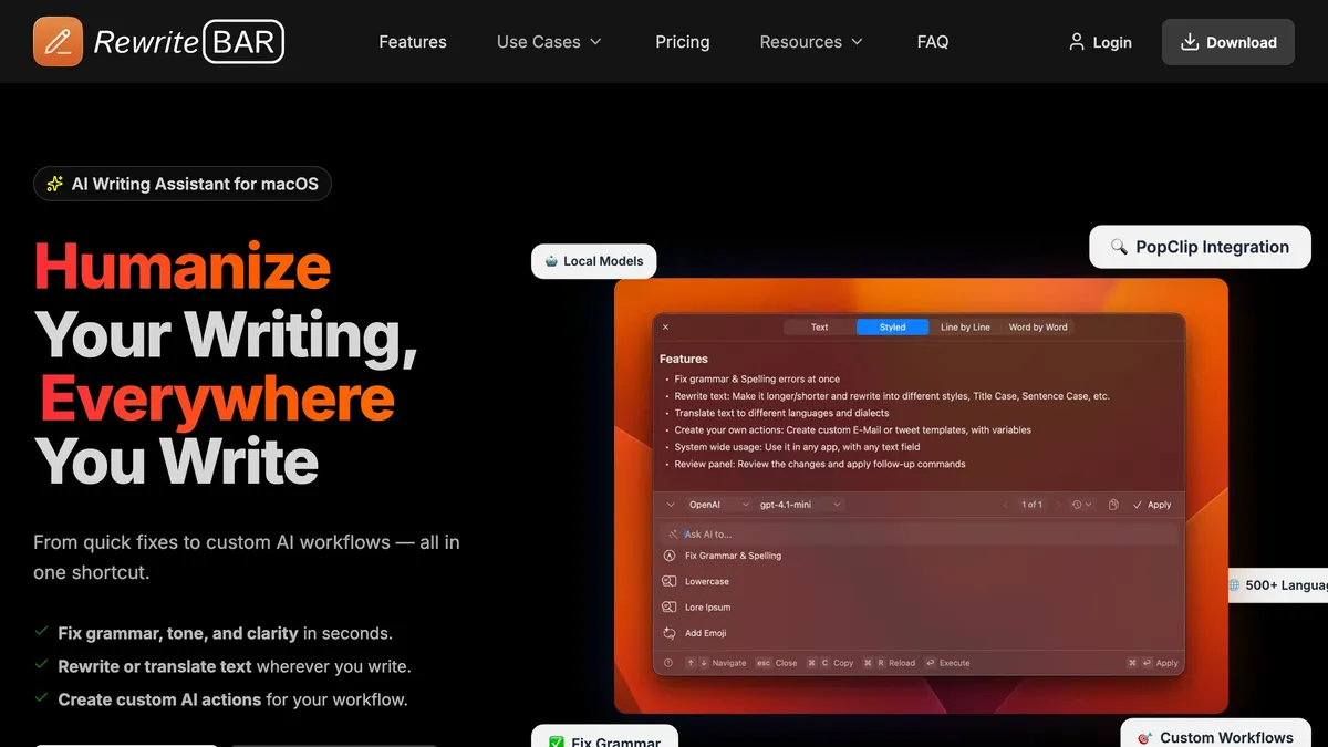 RewriteBar native macOS AI writing assistant in the menu bar