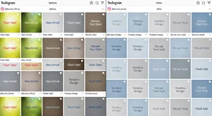 Before and after Instagram feed showing inconsistent vs consistent aesthetic filters applied, brand identity comparison