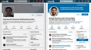 A split-screen LinkedIn profile comparison showing a poorly optimized profile with a low-quality photo and generic headline on the left versus a fully optimized profile with a professional AI headshot and compelling headline on the right