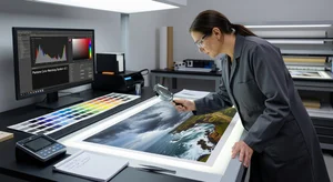 Print designer inspecting high-resolution upscaled photograph with magnifying glass, professional print studio environment