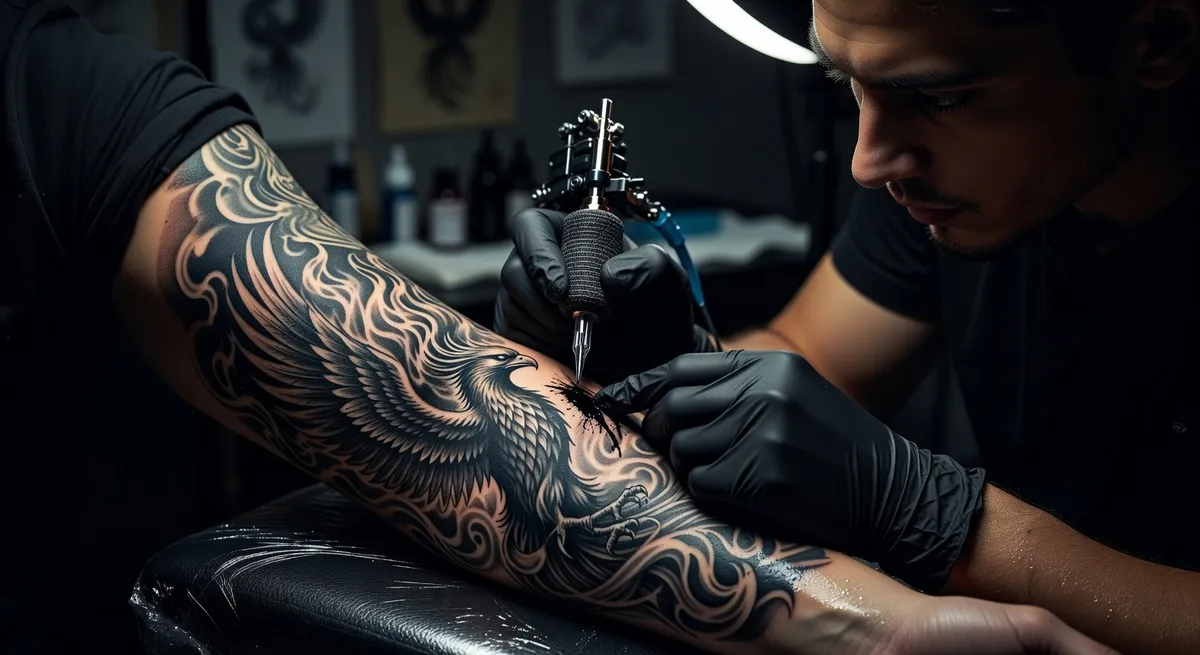 A detailed view showing how tattoo placement interacts with body contours, clothing lines, and natural movement