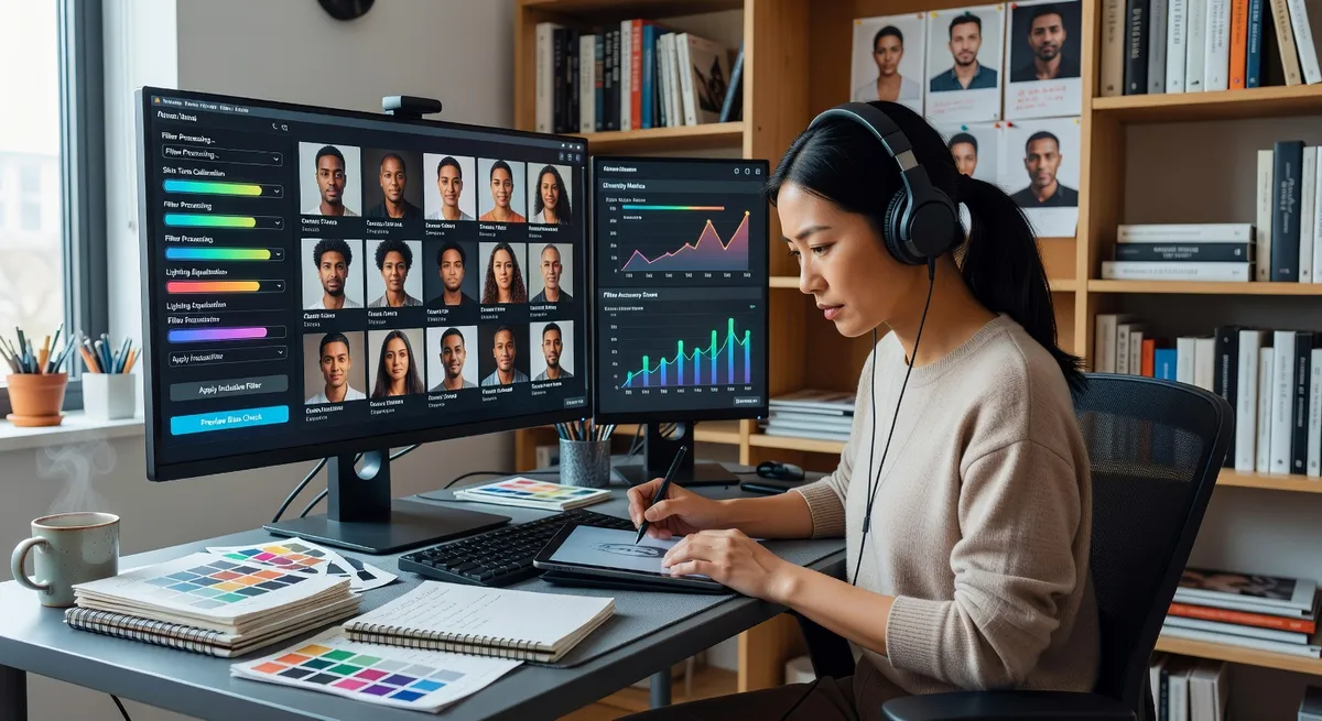 Content creator testing inclusive AI photo filters on diverse portrait collection, professional photo editing workspace