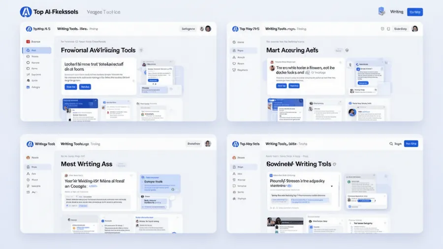 Interface screenshots of top AI writing tools showing different use cases