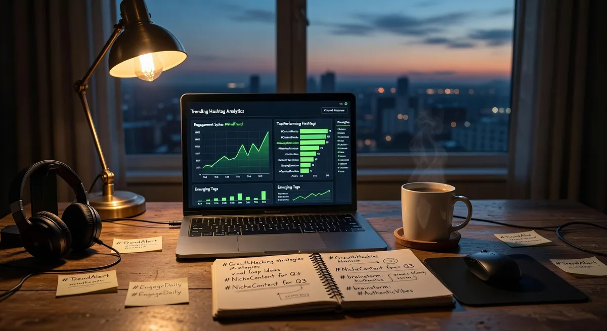 Content creator workspace with analytics dashboard showing hashtag performance metrics