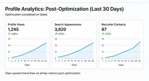 A LinkedIn profile analytics dashboard showing increasing profile views, search appearances, and recruiter contacts over a 30-day period after profile optimization, with clear upward trend lines on all key metrics
