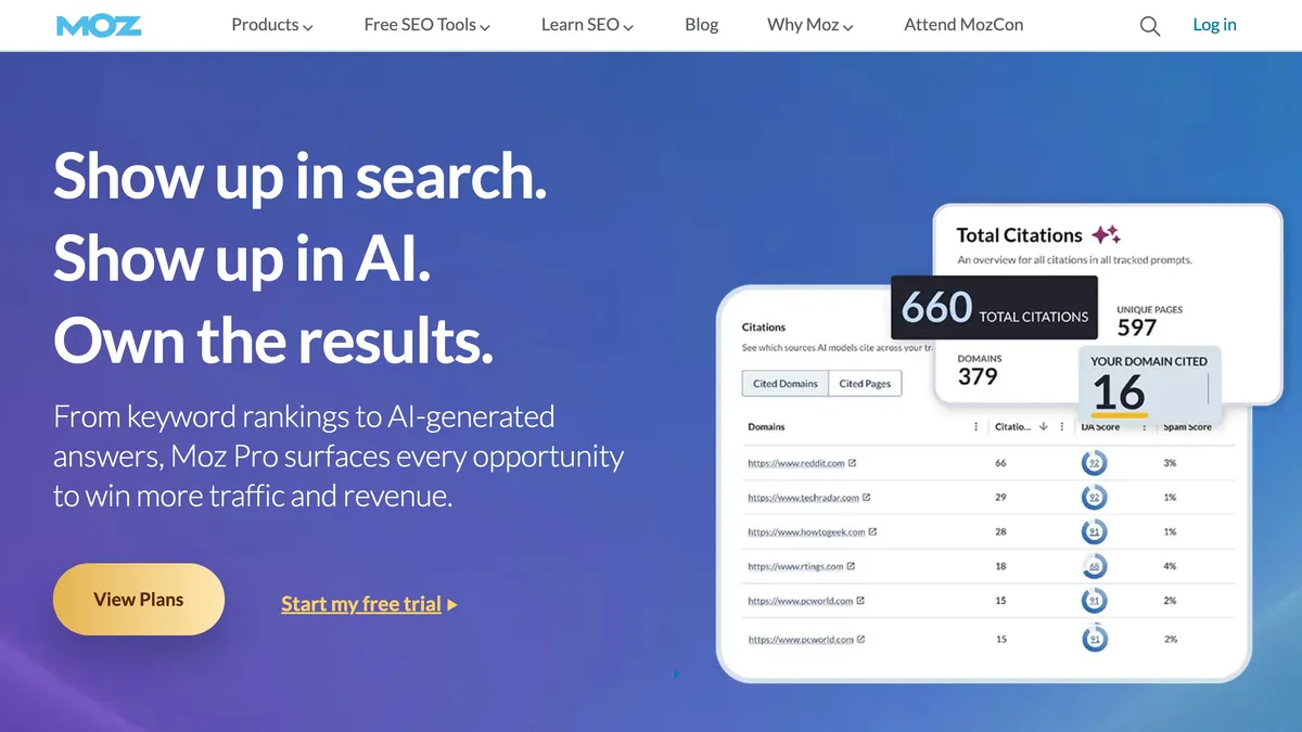 Moz Pro domain authority dashboard