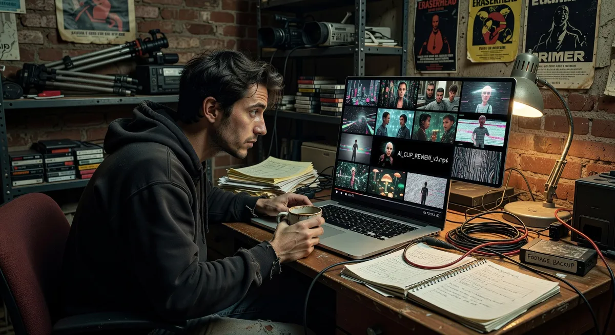 Budget filmmaker reviewing AI generated video clips on laptop