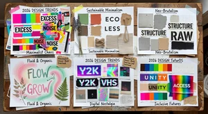 A vibrant flat-lay of design inspiration materials including color swatches, typography samples, and trend mood boards spread on a creative desk representing the six major graphic design trends of 2026 in an artistic overhead composition