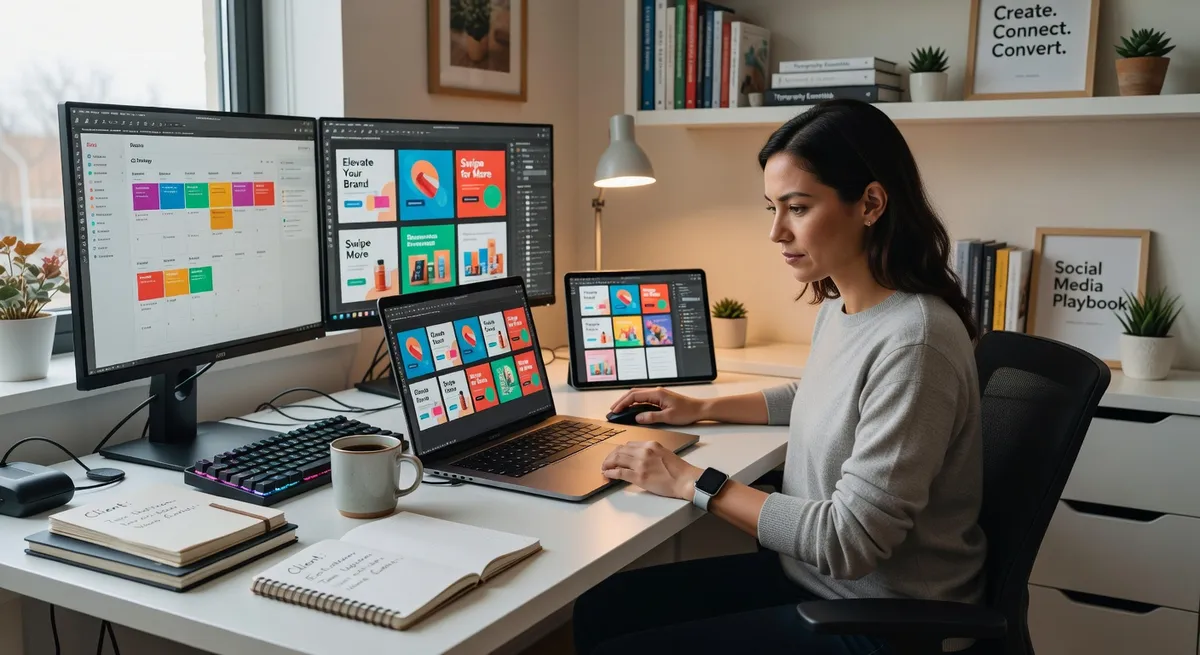Social media manager working on carousel design at desk, laptop showing multiple slide templates, creative workspace with mood board and coffee