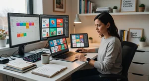 Social media manager working on carousel design at desk, laptop showing multiple slide templates, creative workspace with mood board and coffee