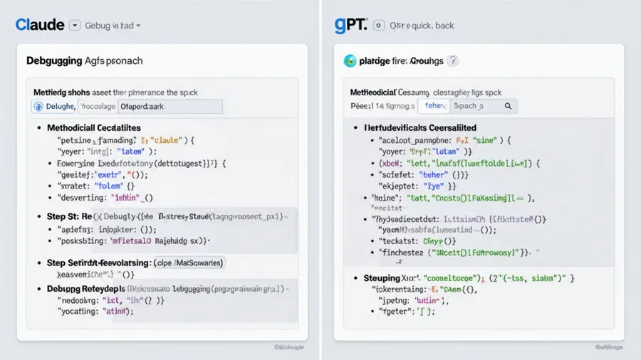 Debugging interface showing Claude's methodical step-by-step debugging approach versus GPT's quick solution suggestions