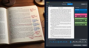 A split-screen showing a manuscript with character voice annotations on one side, and the Cliptics multi-voice TTS interface on the other side with different voice options assigned to narrator, protagonist, and supporting characters