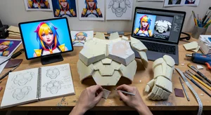 Cosplayer comparing AI filter preview with actual cosplay costume, side-by-side planning and preparation workspace