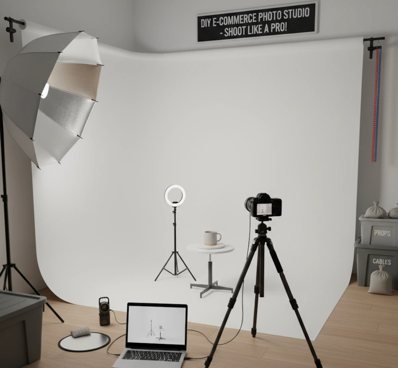 Professional product photography setup with camera, lighting equipment, and white background showing DIY e-commerce photo studio