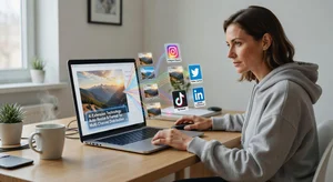 A content creator reviewing multiple format versions of the same photo on a laptop screen, showing a clean efficient workflow where one image feeds multiple social media channels through AI extension