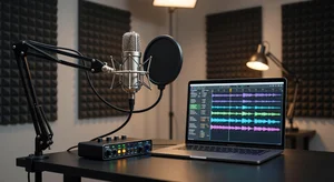 Professional podcast recording studio setup with microphone, pop filter, audio interface, soundproofing panels, laptop showing audio editing software