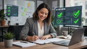 A small business owner confidently signing a document after AI review with green checkmarks visible in a positive professional setting