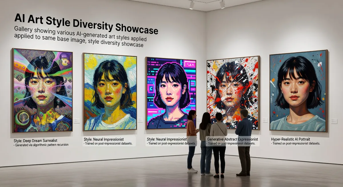 Gallery display showing various AI art styles applied to same base photograph