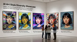 Gallery display showing various AI art styles applied to same base photograph