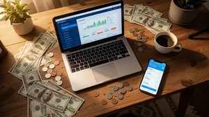 Laptop with earnings dashboard and cash on desk