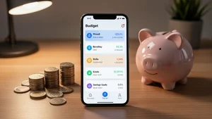 Smartphone displaying AI budgeting dashboard with spending categories and savings goals