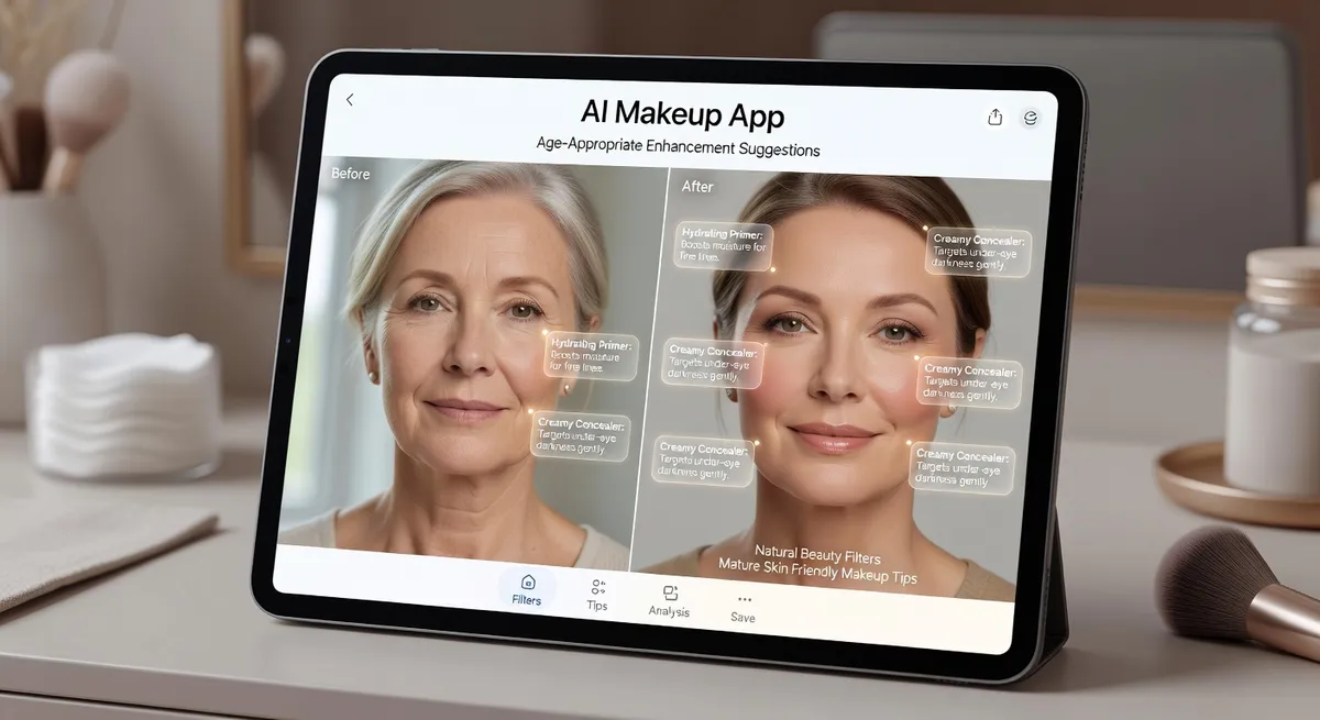 AI makeup app showing age-appropriate enhancement suggestions
