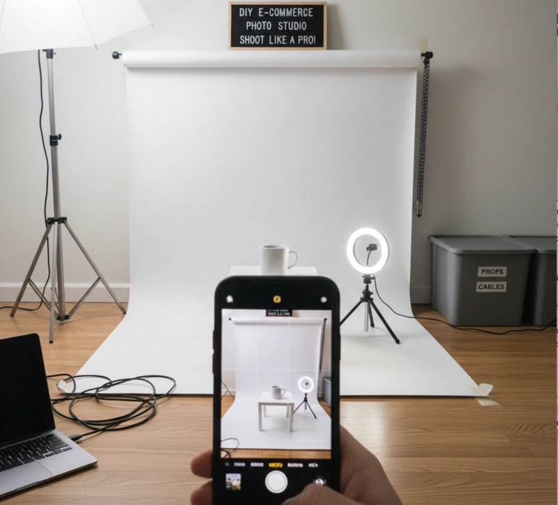 Smartphone taking product photo on white background with simple home photography setup