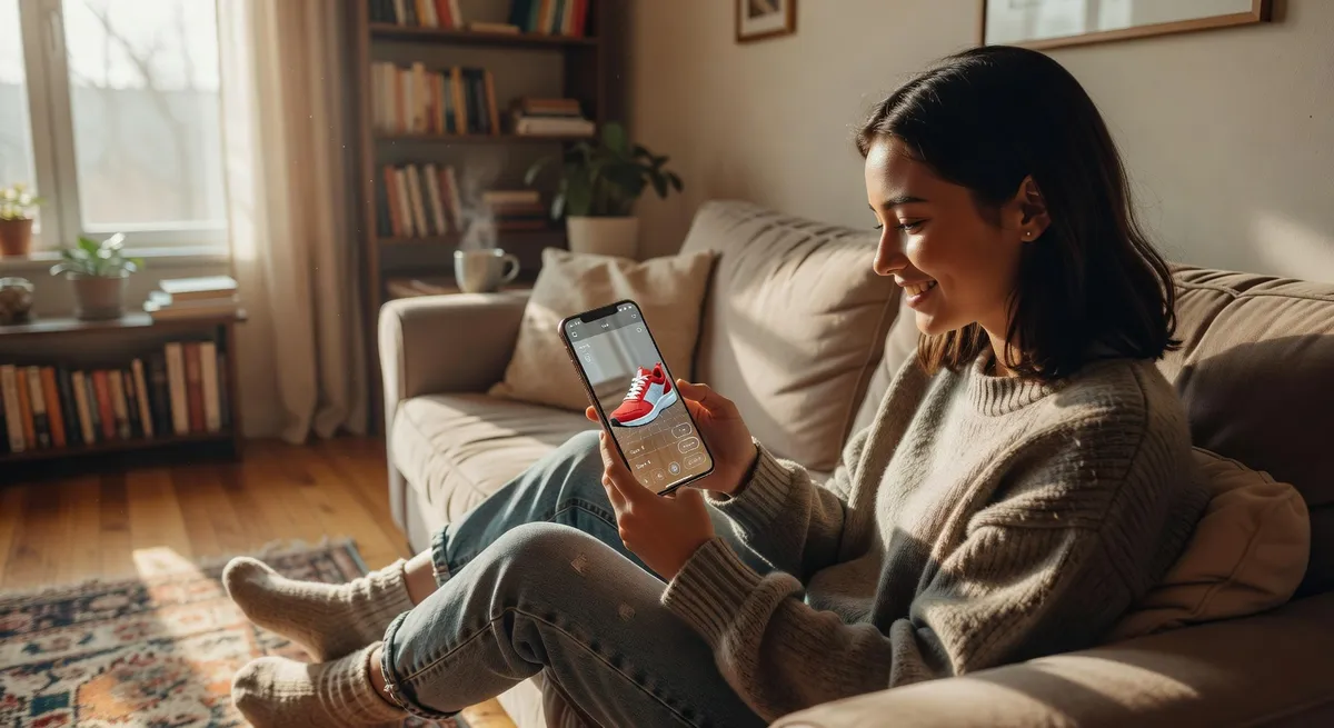 Person using smartphone to virtually try on shoes in comfortable home setting