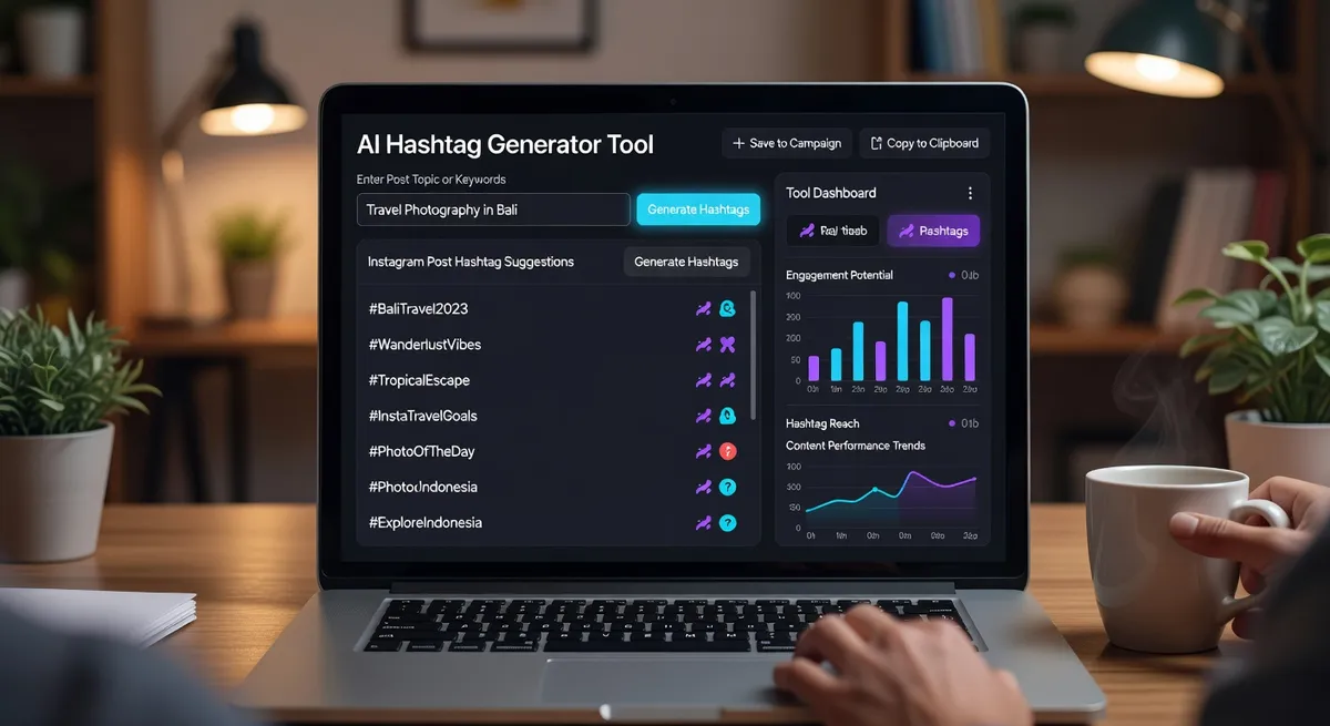 AI hashtag generator tool interface showing Instagram hashtag suggestions list on laptop screen for content creator workflow