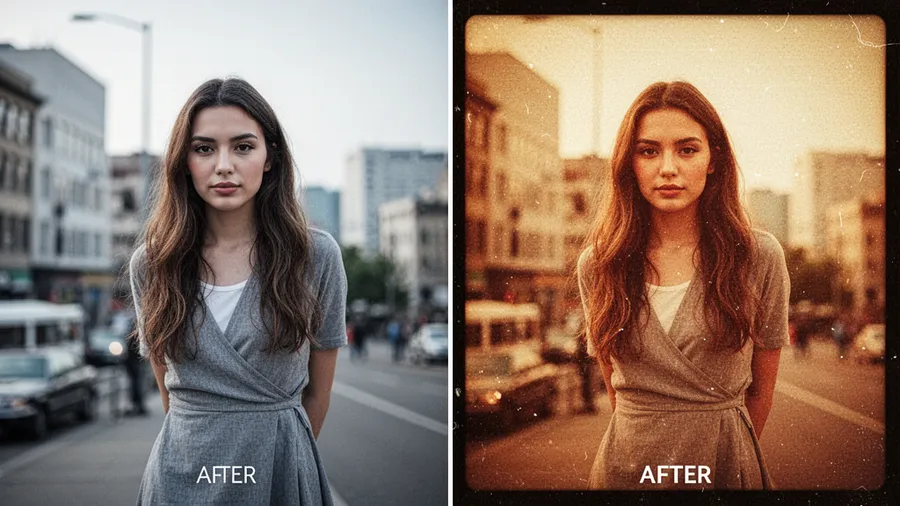 Before and after comparison showing dramatic transformation from modern digital to vintage film preset