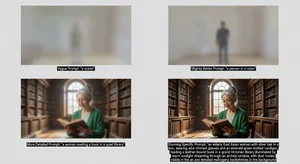 A grid of four AI-generated images showing the progression from a vague prompt (blurry, generic result) to a detailed prompt (stunning, specific result), with the prompts shown below each image to illustrate how prompt quality affects output