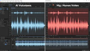 Audio editing software showing waveform comparison of AI voice versus human voice