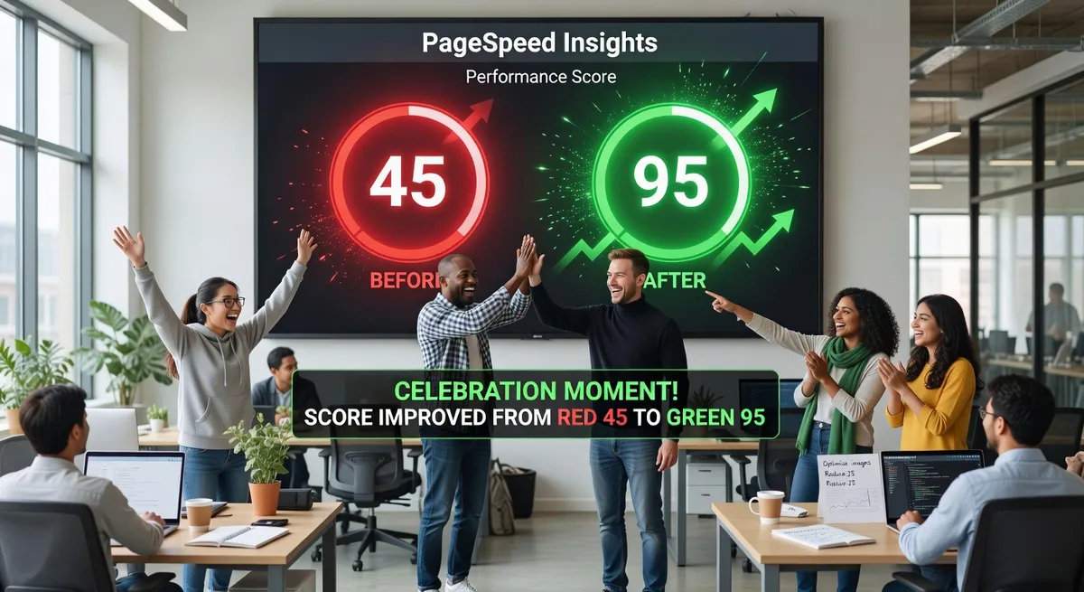 Performance score improving dramatically from failing red to passing green