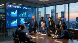 Corporate boardroom with executives reviewing AI investment strategy on large screen with city skyline visible through glass walls