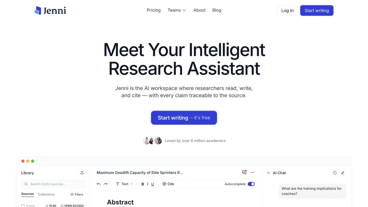 Jenni AI academic writing with citations and autocomplete