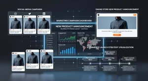 Product launch marketing campaign dashboard showing multi-platform social media strategy with launch announcement and engagement metrics