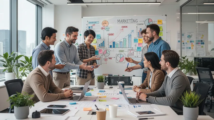 Marketing team collaboration session using AI tools for campaign planning and content strategy