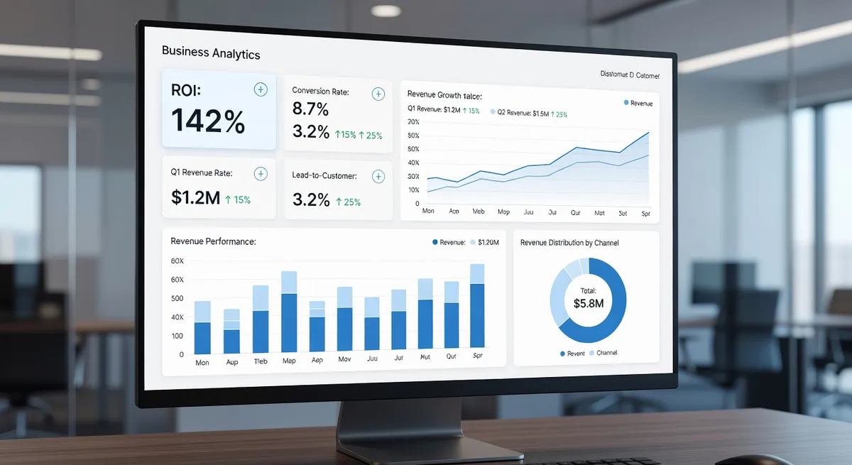 Business analytics dashboard showing ROI metrics and conversion rate improvements
