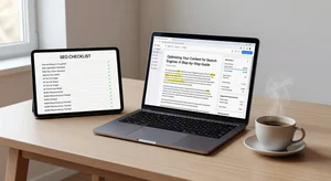 Blogger using SEO checklist on tablet alongside blog post being optimized, organized workspace