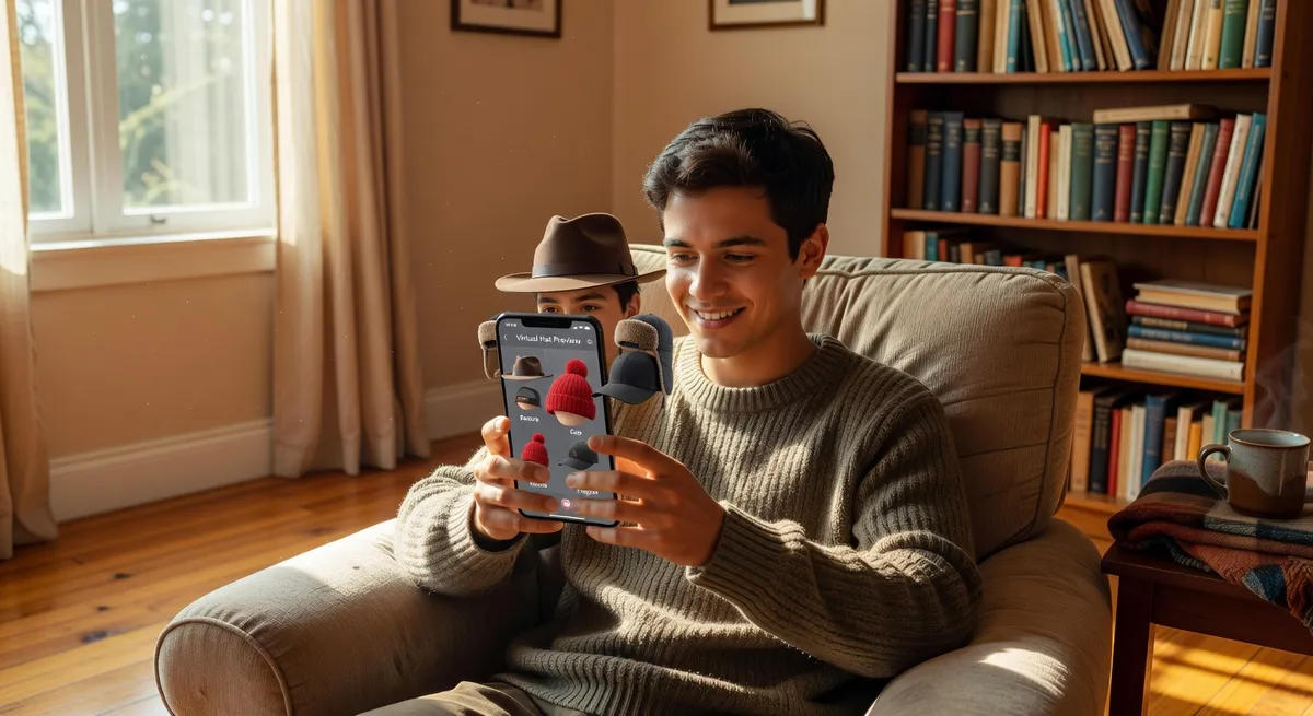 Person using phone to virtually preview different hat styles